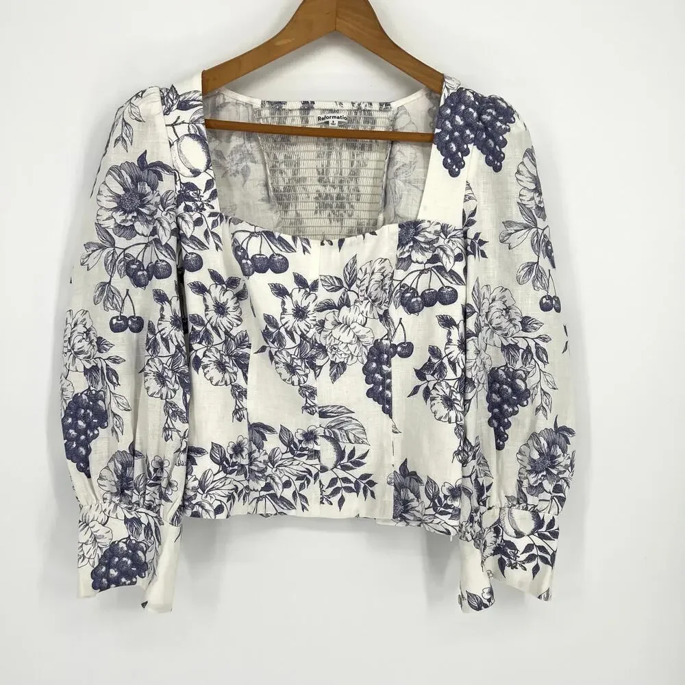 Reformation Stilton Linen Top Carla – Blue Floral Fruit Print – Size 8